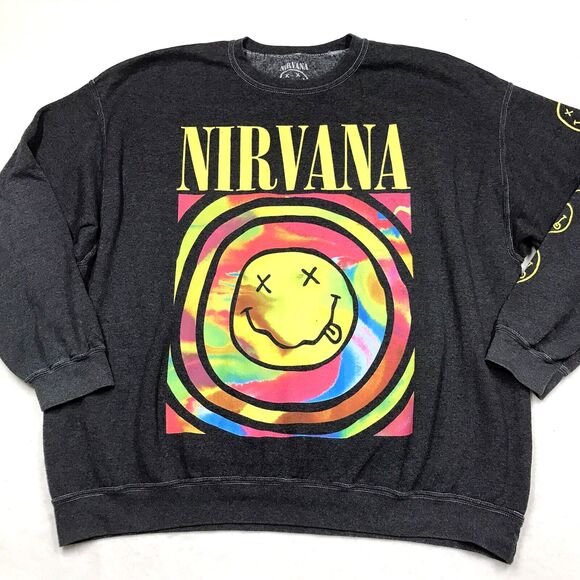 NIRVANA Smile Sweatshirt Men S Gray Tye Die Boxy Grunge Rock Urban Outfitter - Picture 1 of 12